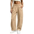 thumbnail image 2 of Fitness Clothing Womens Winter Casual Fashion Solid Color Multi Pocket Drawstring Elastic Waist Sweatpants Khaki L, 2 of 7