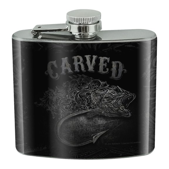Carved Bass Fish Fishing Hook Stainless Steel 5oz Hip Drink Kidney Flask
