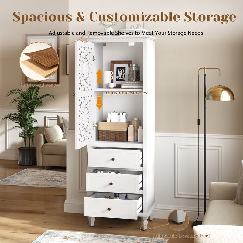 Vintage Storage Cabinet with Carved Door & 3 Drawers, Freestanding Decorative Sideboard, Display Cabinet with Adjustable Shelf