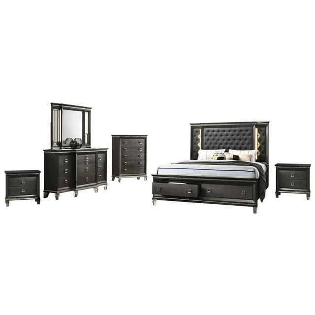 Lavish 6 Piece Gray Bedroom Set with Light up Headboard in Queen Size