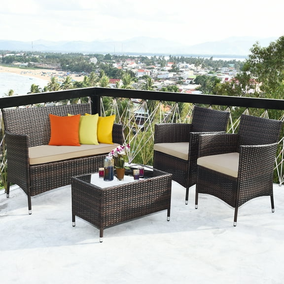 Patiojoy 4 Pieces Rattan Wicker Furniture Set Outdoor with Cushions, Mix Brown