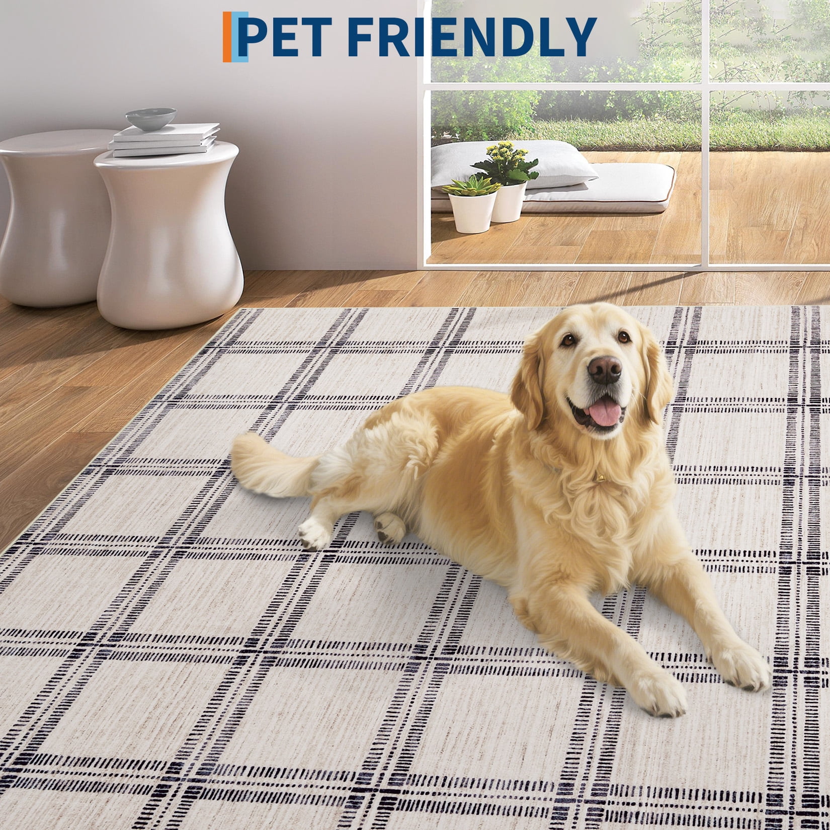Garvee 10'x13' Area Rug Modern Striped Geometric Carpet, Washsble Plaid Rug Non Slip Stain Resistant Indoor Floor Mats for Living Room Bedroom Dining Room, Beige