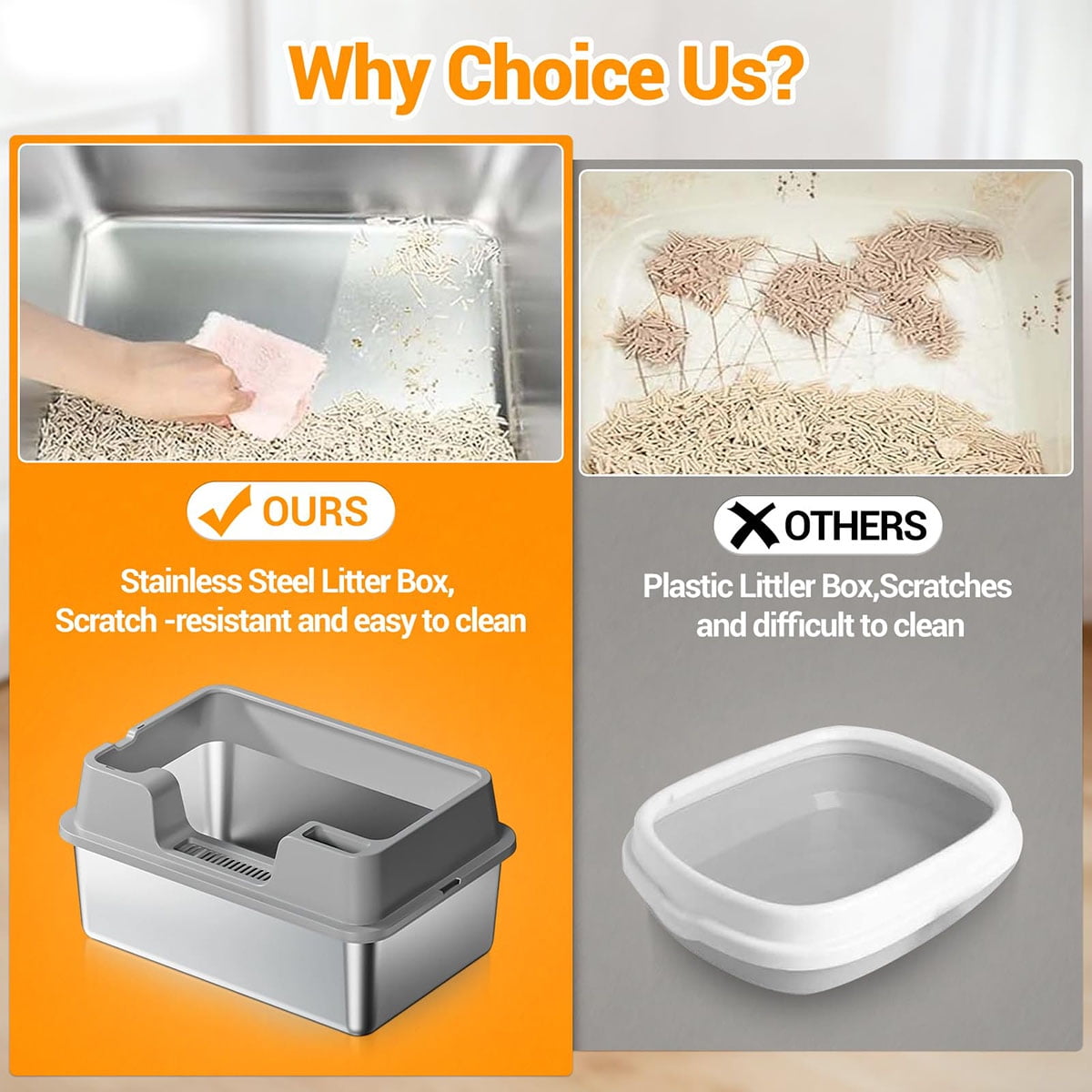 Ataucjin Extra Large Enclosed Stainless Steel Cat Litter Box, Metal Litter Pan for Big Cats, High Wall Sides & Non-Stick Bottom, Anti-Leakage & Odor-Resistant, Easy to Clean for All Cats