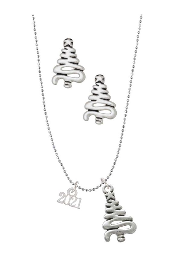 Silvertone Mini Year 2021 Silver tone Zig Zag Christmas Tree Charm Necklace and Stud Earrings