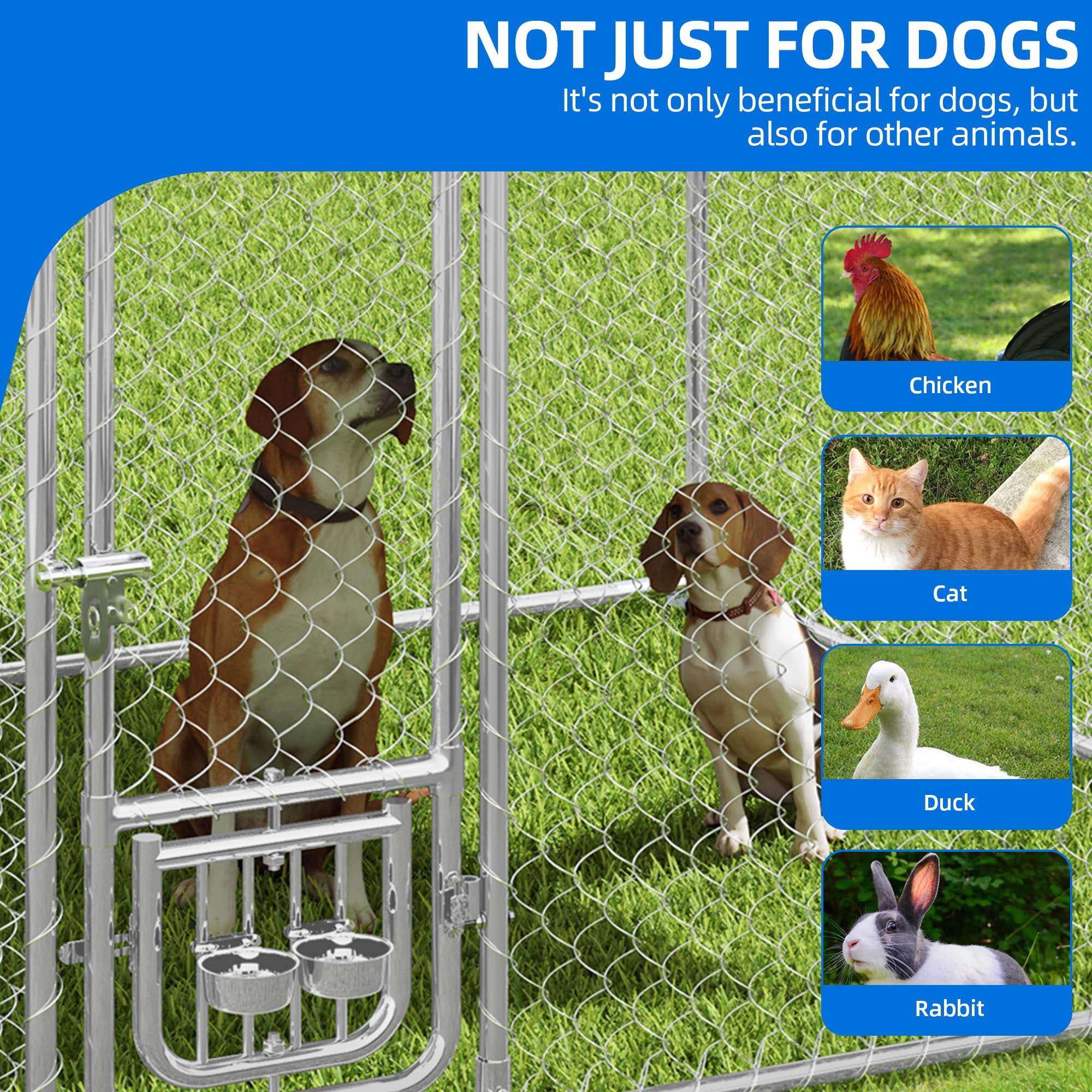 Dextrus 7.5'x7.5' Outdoor Dog Kennel, Outdoor Dog Enclosure with Rotating Feeder Bowls & Roof, Heavy Duty Dog Kennel for Backyard Farm