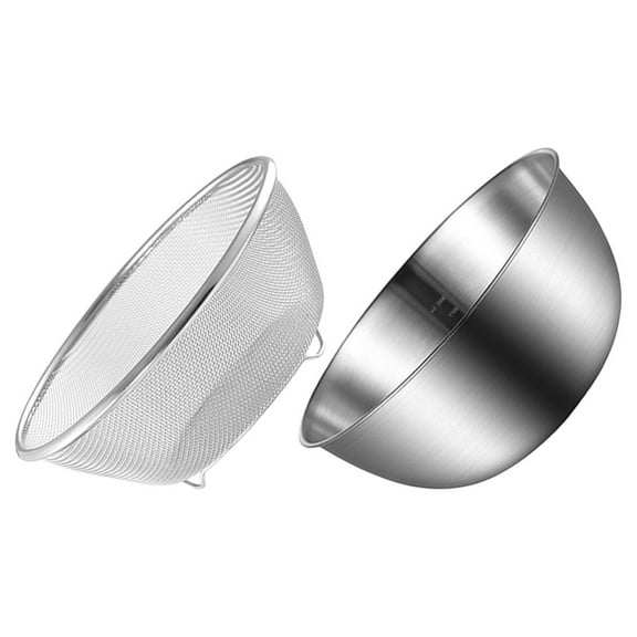Stainless Steel Vegetable Basin with Fine Mesh Rice Strainer and Mixing Bowl - Kitchen Colander for Washing and Draining