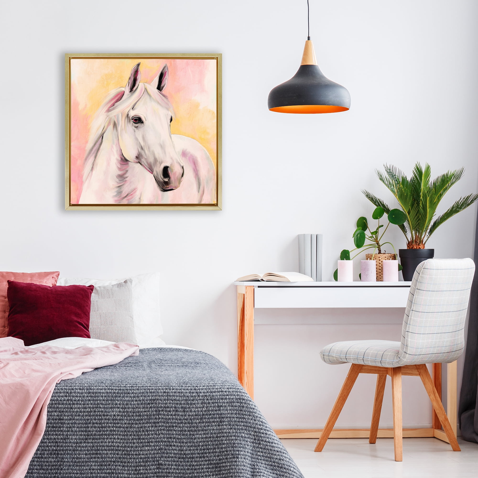 Sunset White Horse Gold Framed Floater Canvas Wall Art, design by Kim Allen