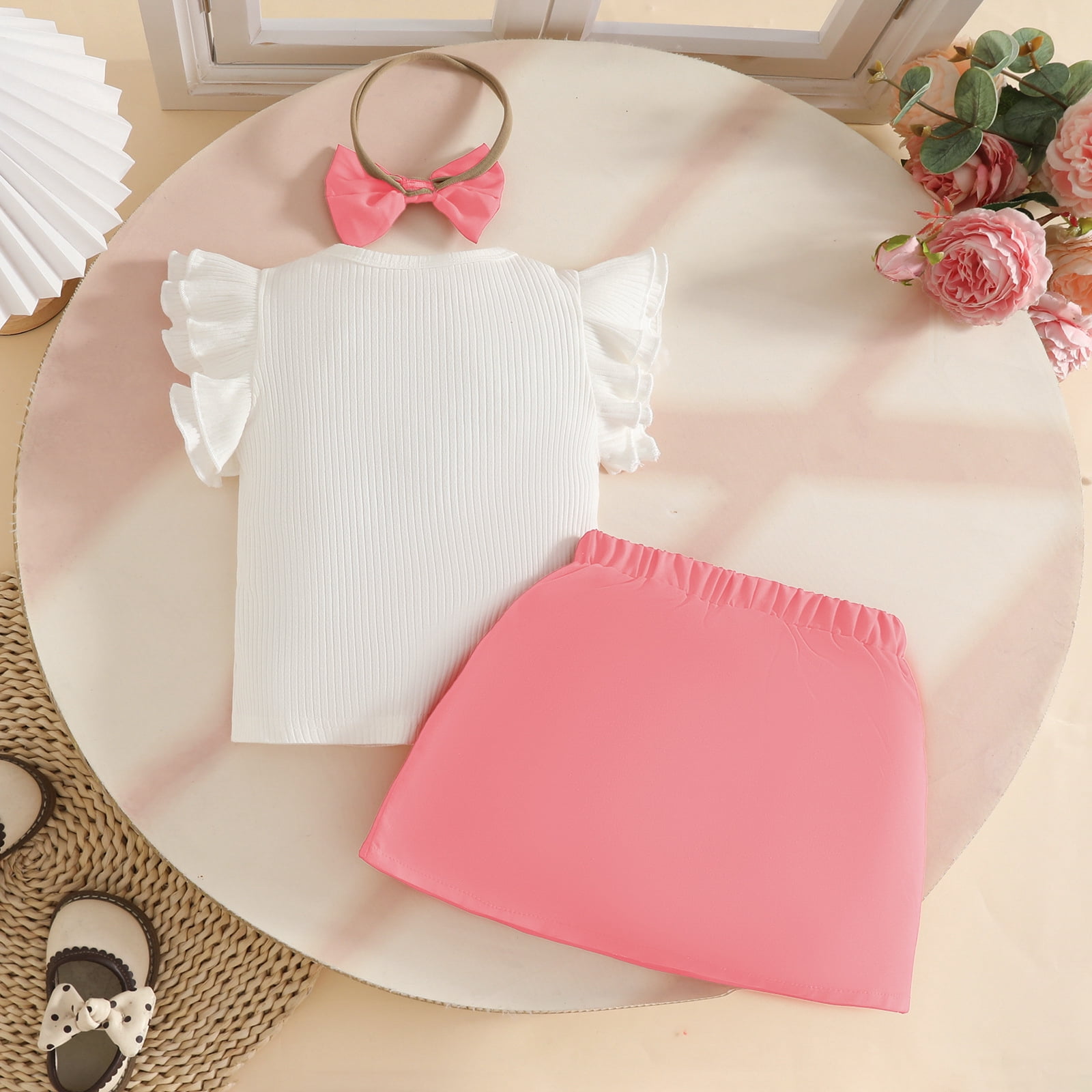 Faraee Toddler Baby Girl Skirts Outfit Infant Summer Clothes Ruffle Sleeveless Knit Vest Top A-Line Skirt Set with Headband (9-12M,Pink)