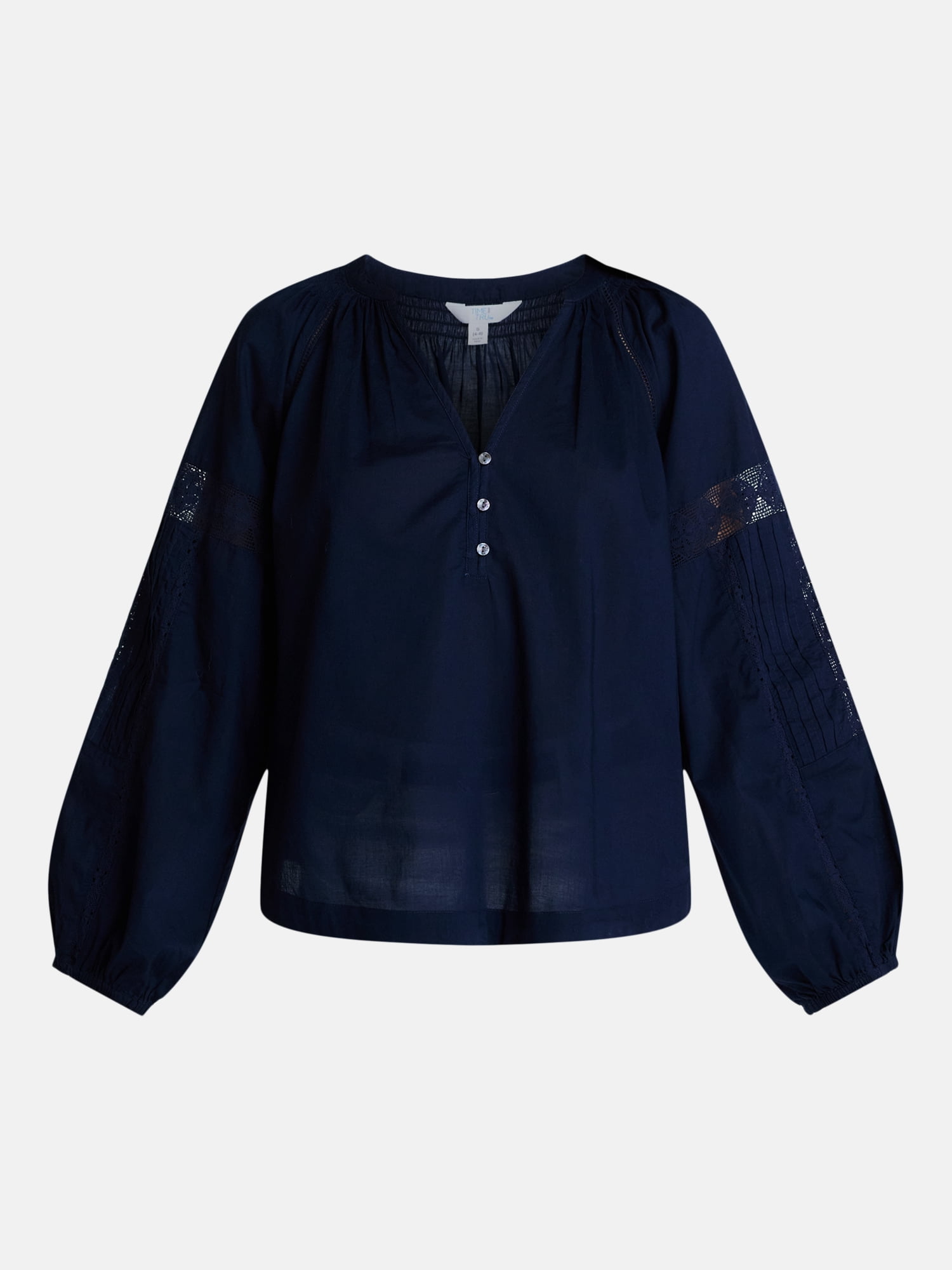 Time and True Women's Lace Trim Cotton Top with Bishop Sleeves, Sizes XS-XXL