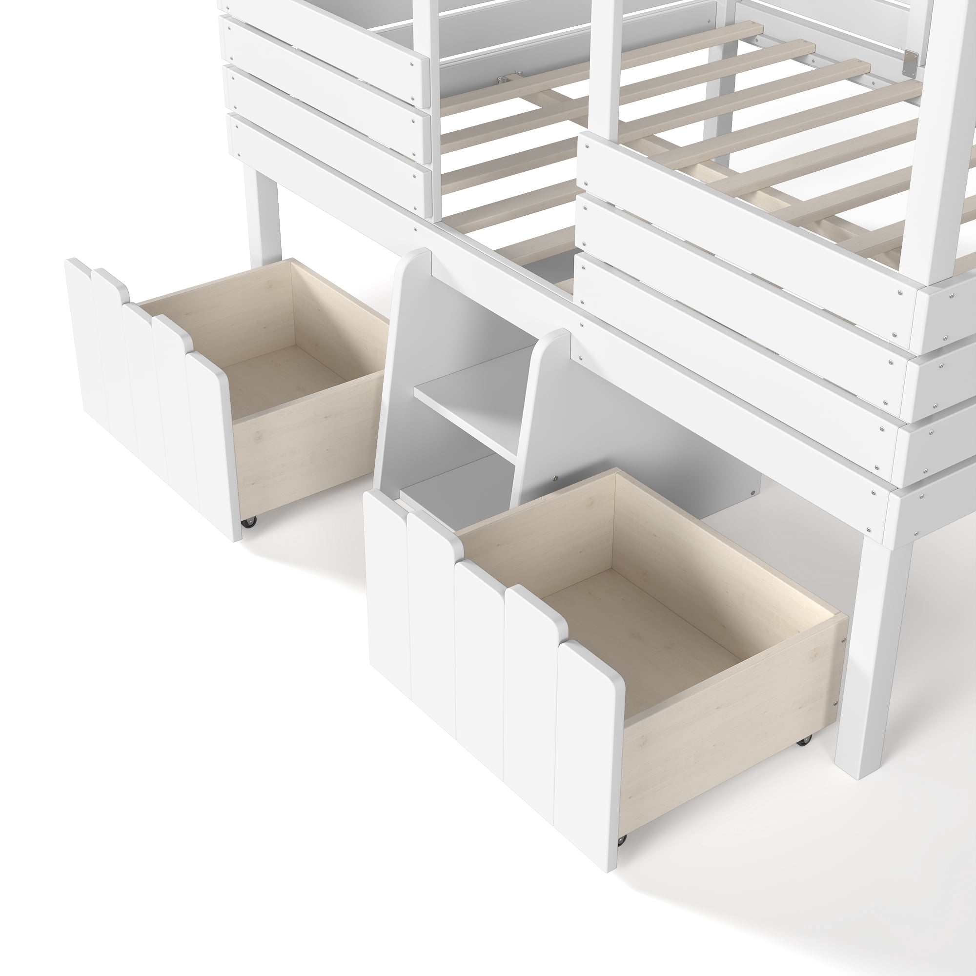 Leumius Full House Loft Bed with Cute Stairs and 2 Storage Drawers, Farmhouse Low Loft Bed with House Shaped Roof, Childlike and No Box Spring Needed Design White