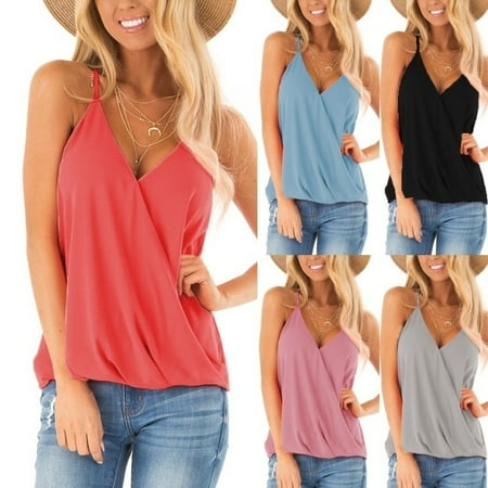 Women Sleeveless Spaghetti Strap Criss Cross V-neck T Shirt Tops Casual Blouse Shirts