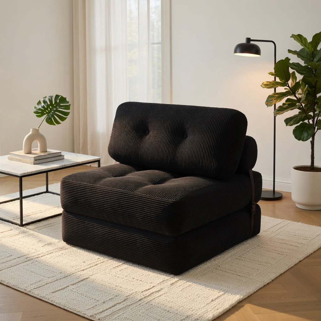 Hommoo 3-in-1 Folding Sofa Bed with Back Support & Pillow, Corduroy Convertible Sleeper for Living Room, Bedroom, Guest Room, Black