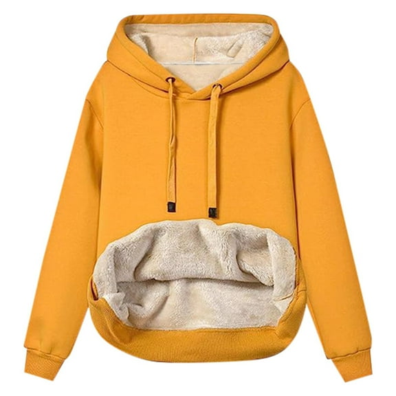 Telankuip Womens Casual Winter Warm Sherpa Lined Hoodies Loose Long Sleeve Drawstring Pullover Hooded Sweatshirts Soft Comfortable Solid Color Basic Tops Yellow XL