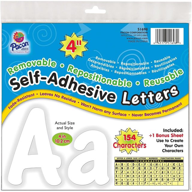 PACON 4" Self-Adhesive Uppercase and Lowercase Letters, 154-Count, White (51698)
