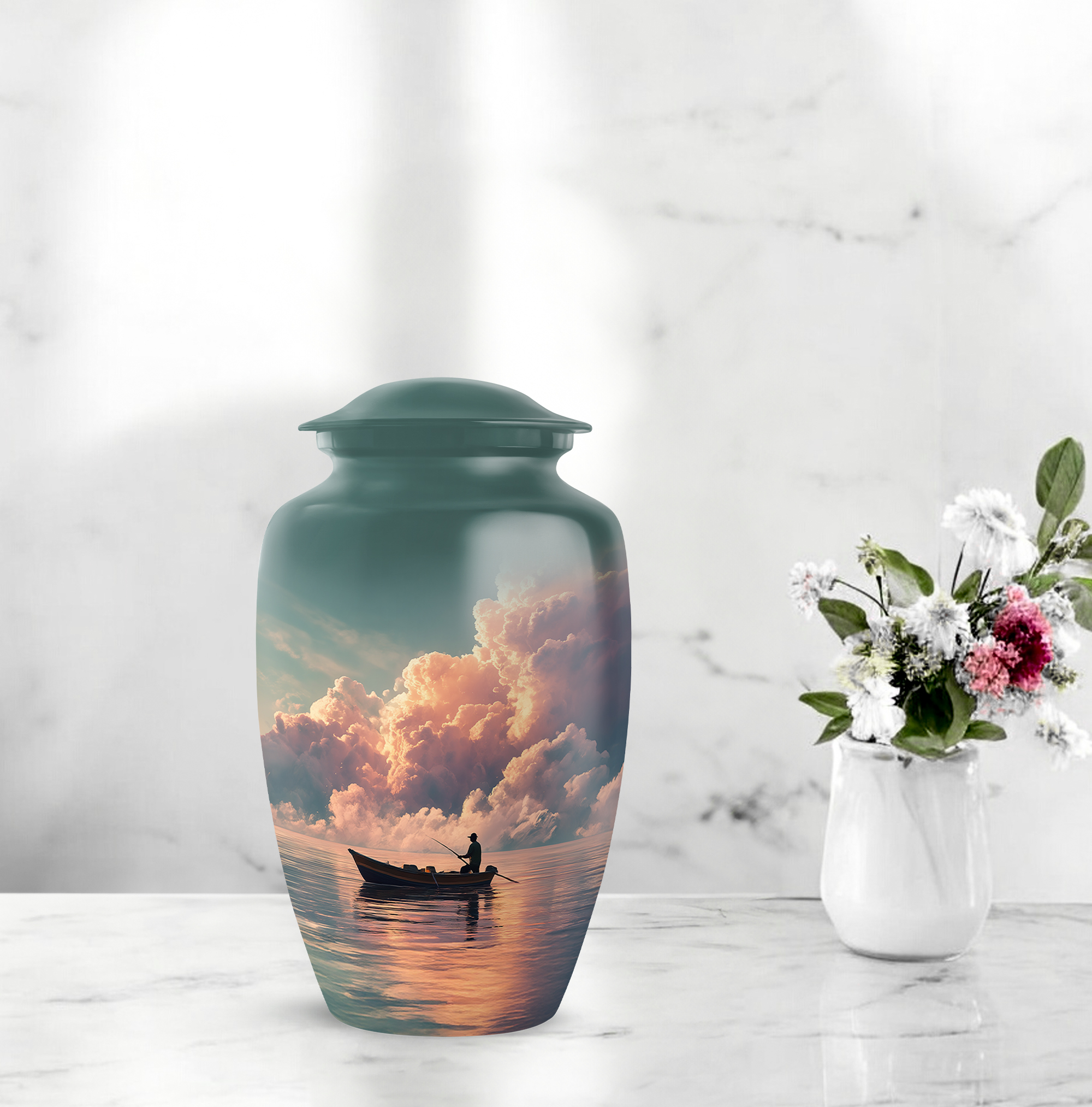 Fishing Man And Women's Urns For Human Ashes Adult - 1 Large Urn For Ashes For Women & Men - Blue Cremation Urn For Mothers Ash - Cloud Memorial Urns For Burial 10 Inch, 4 Keepsake Set