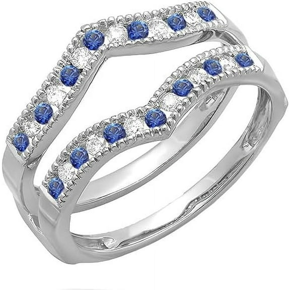 Gems Jewels 2.00 Ctw Round Cut White Diamond & Blue Sapphire Millgrain Anniversary Wedding Band Guard Double Ring 14K White Gold Plated 925 Sterling Silver 925 Sterling Silver - 10