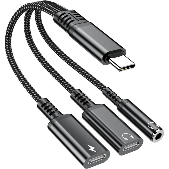 3 in 1 USB C Splitter, USB C to Headphone and Charger Adapter for iPhone 17 16 15 Pro Max, iPad, Samsung Galaxy S25 S24 Ultra, Black