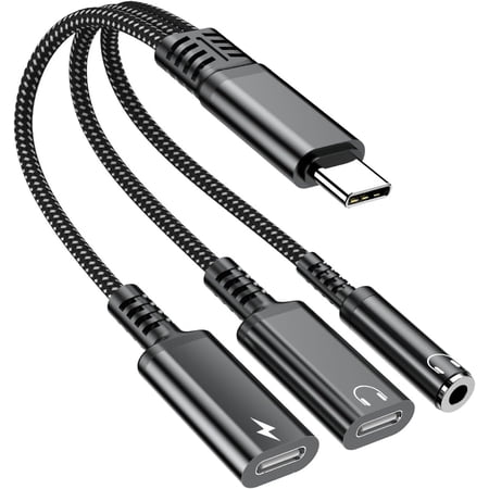 3 in 1 USB C Splitter, USB C to Headphone and Charger Adapter for iPhone 17 16 15 Pro Max, iPad, Samsung Galaxy S25 S24 Ultra, Black