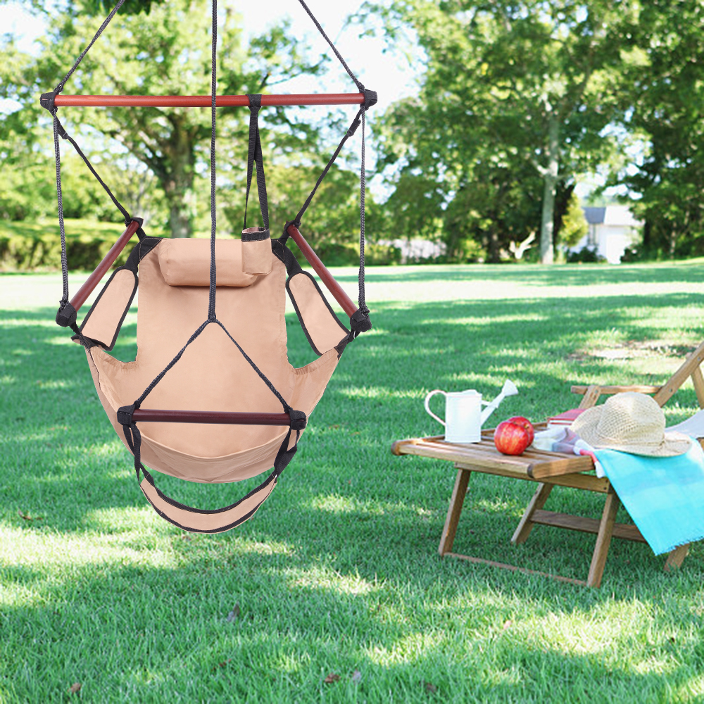Hammock Chair Hanging Rope Swing, Portable Hammock Chair for Kids, Unique Hammock Hanging Chair, Hanging Swing Outdoor Seat with Detachable Pillow, Cup Holder, Carrying Bag, Holds 250lb, Brown, Q9275 - image 1 of 12