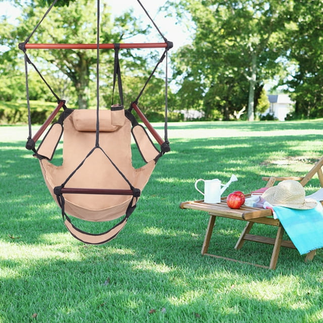 Hammock Chair Hanging Rope Swing, Portable Hammock Chair for Kids, Unique Hammock Hanging Chair, Hanging Swing Outdoor Seat with Detachable Pillow, Cup Holder, Carrying Bag, Holds 250lb, Brown, Q9275