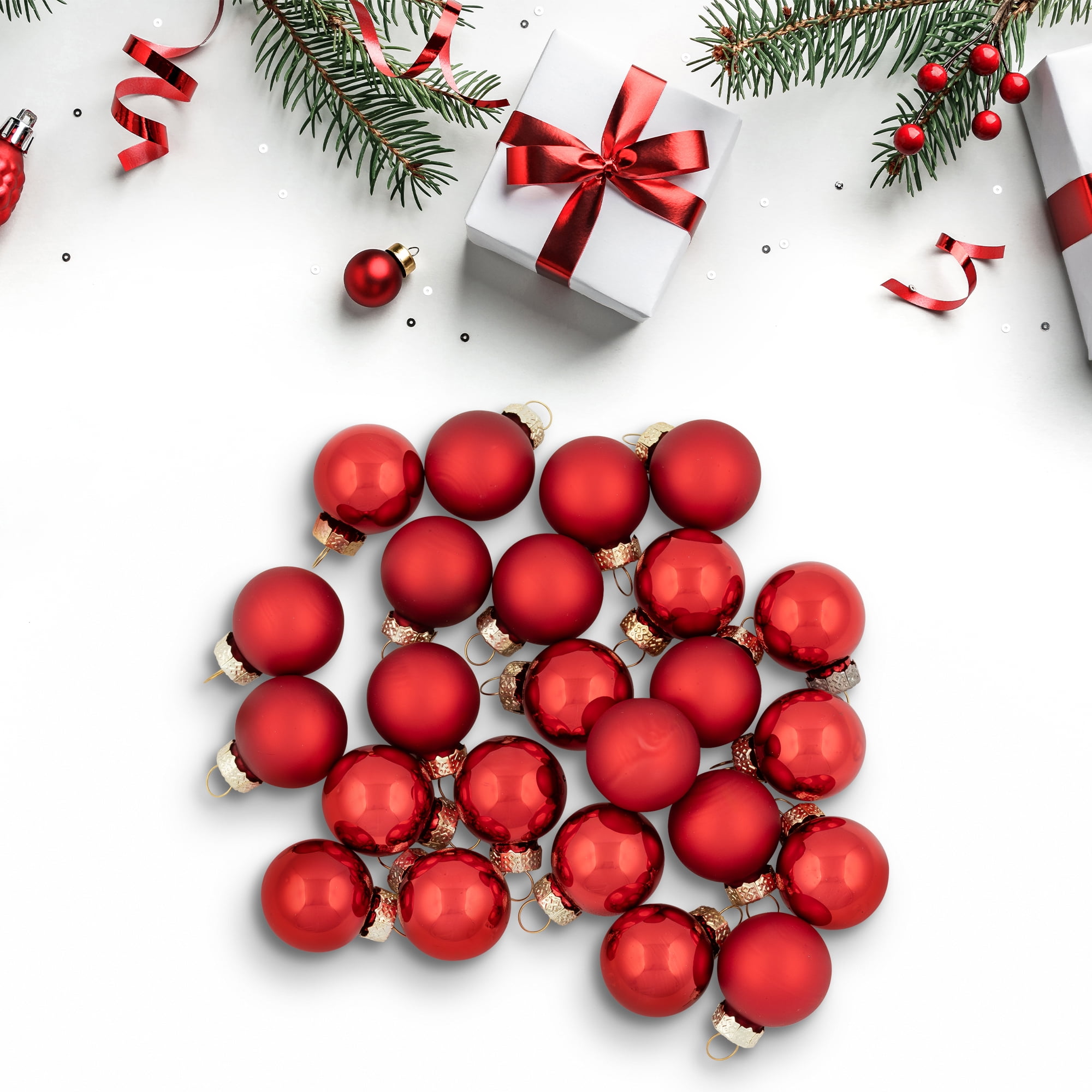 24-Piece Shiny and Matte Red Mini Glass Ball Christmas Ornament Set 1" (25mm)