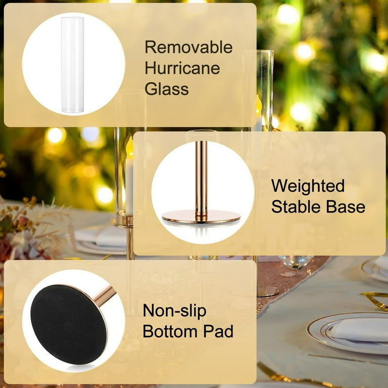 Gold Candlestick Holders With Clear Glass Hurricane Covers - 3-Piece Set For Wedding & Christmas Decor
