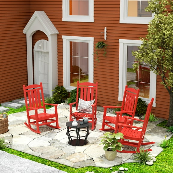 WestinTrends Malibu Outdoor Rocking Chair Set of 4, All Weather Poly Lumber Adirondack Rocker Chair with High Back, 350 Lbs Support Patio Rocking Chair for Porch Deck Garden Lawn, Red