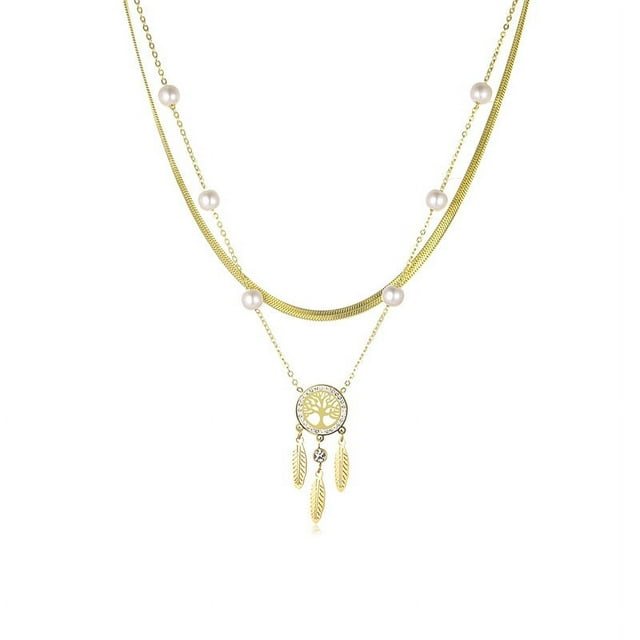 Zhuge Colgante de collar hecho a mano, collar de borlas de doble capa, colgante de árbol de la vida, collar de acero inoxidable con perlas (oro)