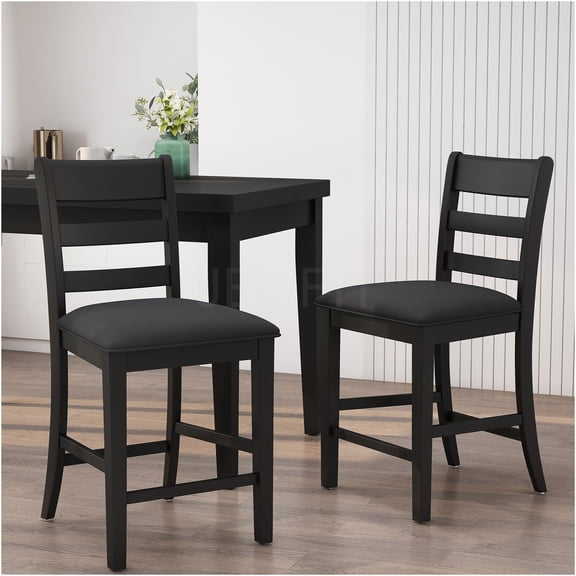 JERFIT Farmhouse Counter Stools Set of 2, Black PU Upholstered Ladder Back Kitchen Bar Stools