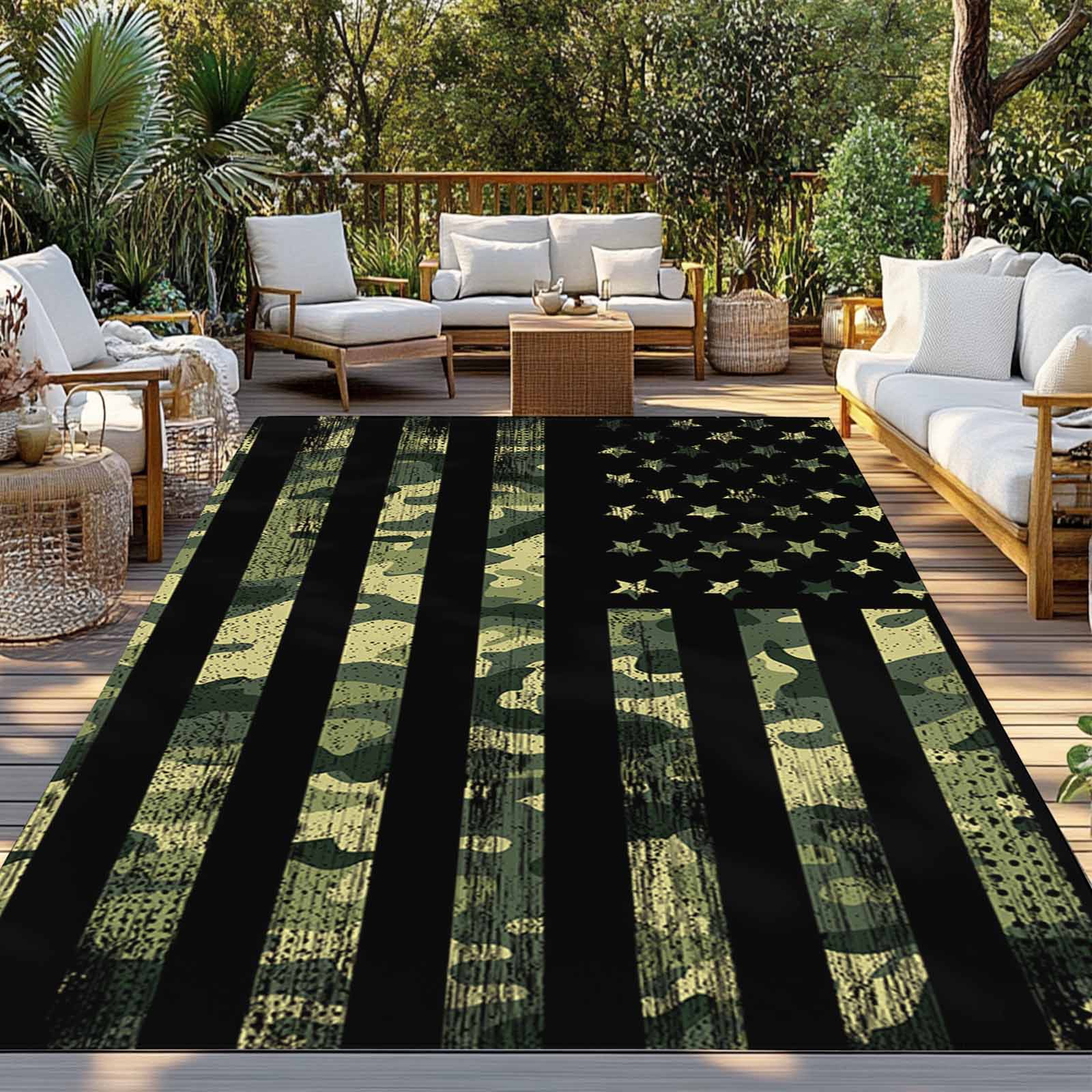 5' x 7' Outdoor Rug, Green Camouflage American Flag Outdoor Washable Rug Large Floor Carpet, Wooden Grain Non Shedding Area Rug for Outside Patio RV Porch Deck Balcony Camping Living Room