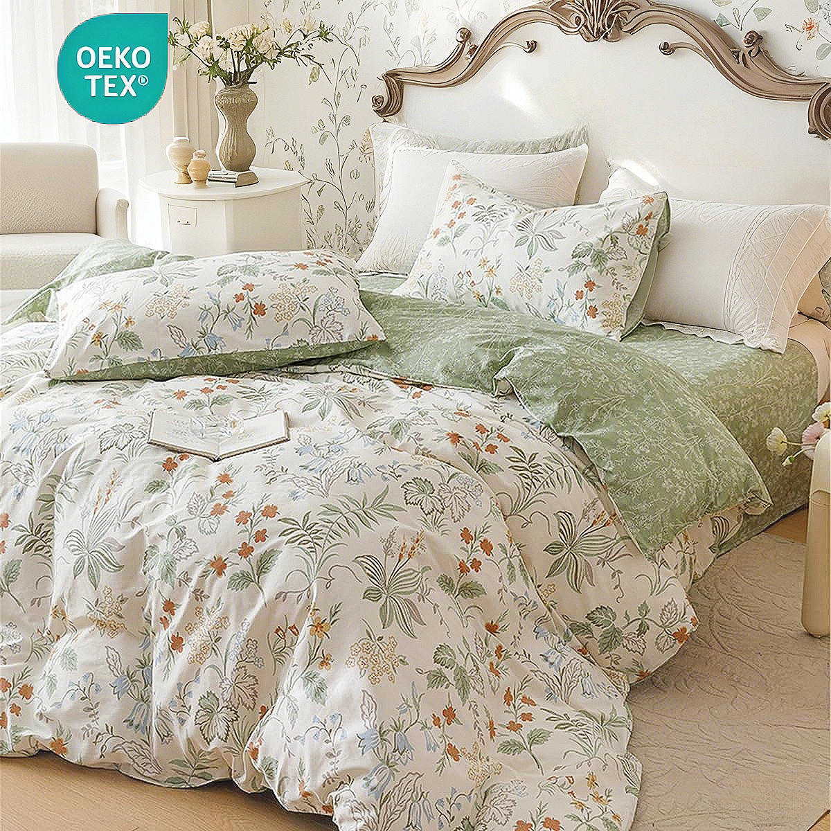 Jolusere Green Leaves King Comforter Sets, 3 Pieces Chic Garden Style Botanical Floral Reversible Bedding Sets for Adults All Season