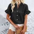thumbnail image 2 of Timegard Tops for Women Ruched Ruffle Short Sleeve Stand Collar Shirts Casual Loose Button up Blouse, 2 of 5