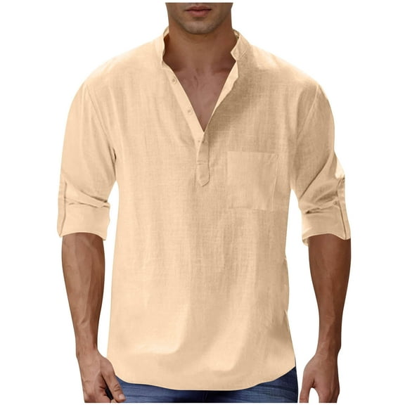 Men's Cotton-Linen Henley Shirt – Long Sleeve Mock Neck with Pocket, Hippie-Inspired Beachwear for 2025 Summer (Sustainable Lightweight Casual Top)