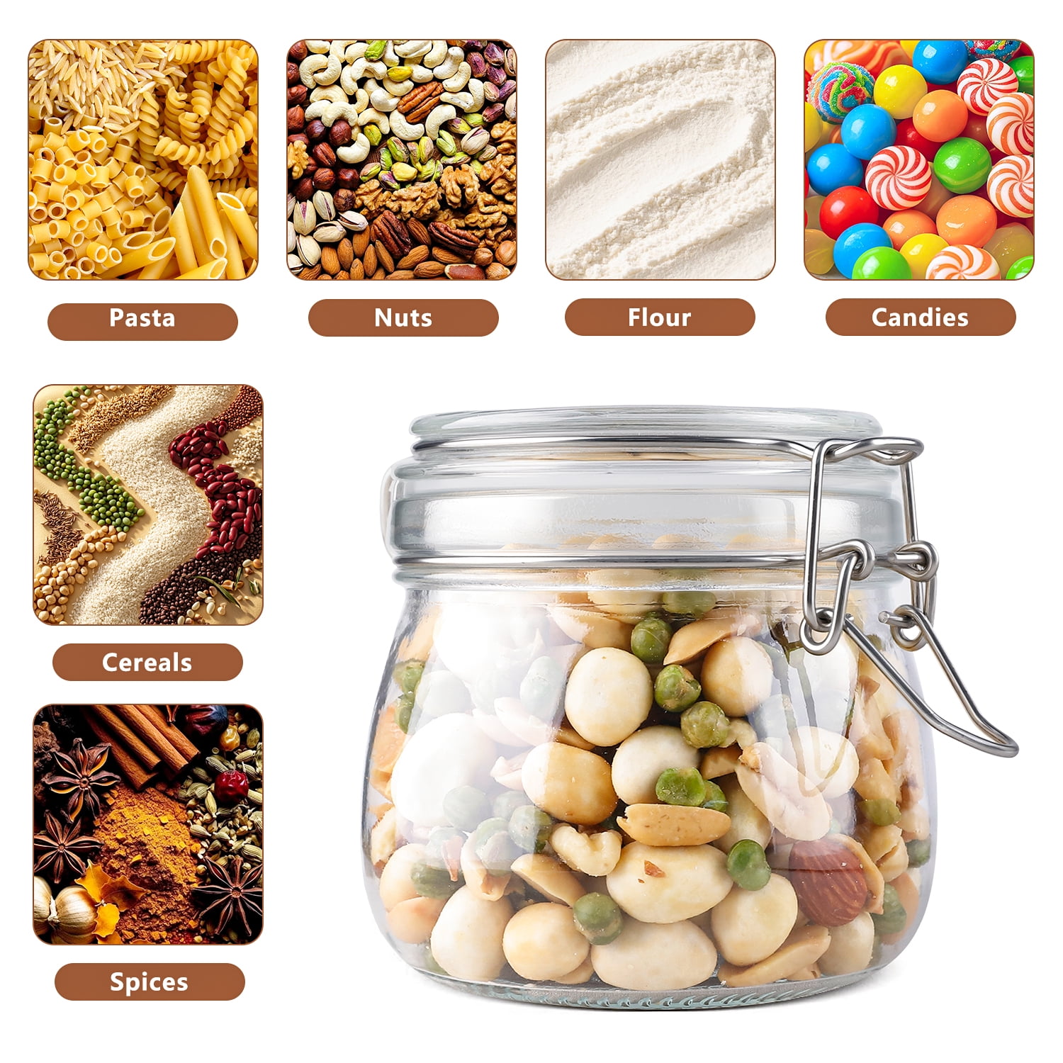 FOUKUS Glass Jars with Airtight Lid 6 Pack: 17oz Food Storage Containers with Lids, Clear Round Canisters, Spice Jars with Clamp for Sugar, Coffee, Pasta, Beans, Cereal, Pantry Organization