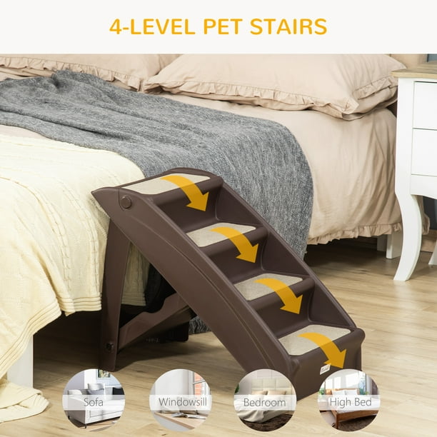 PawHut 4 Level Portable Dog Stairs Foldable Dog Steps for Small Dogs Lightweight Cat Steps with Nonslip Soft Mats for High Bed Sofa Dark Brown Walmart