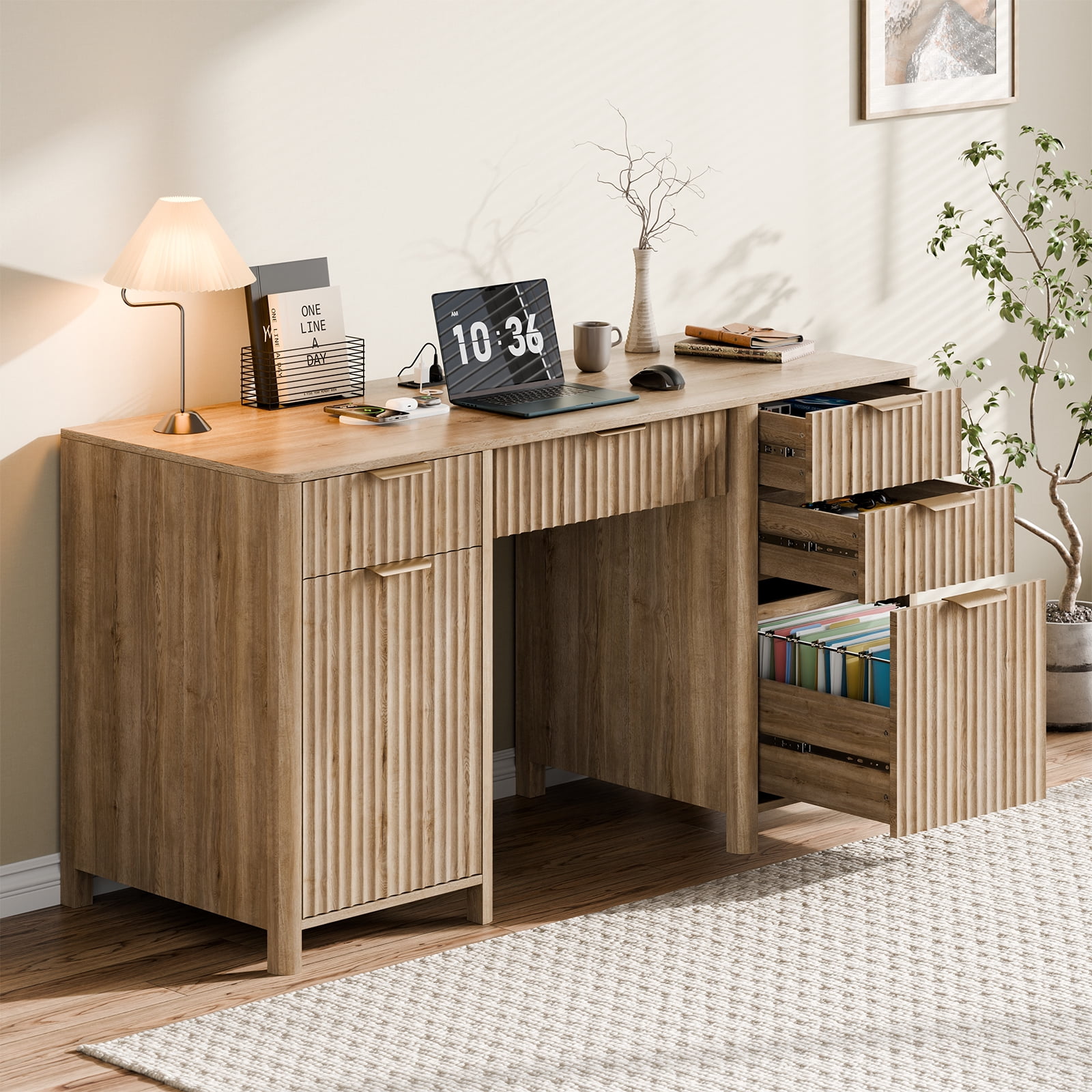 58" Fluted Executive Desk with Storage Modern Home Office Desk with Charging Station Wood Work Desk for Office, Bedroom, Study, Living Room, Oak