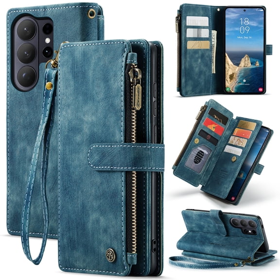 Dteck Zipper Wallet PU Leather Case for Samsung Galaxy S26 Plus, Shockproof Card Holder Flip Folio Kickstand Magnetic Closure Wristlet Strap Coin Pocket Phone Case, Blue