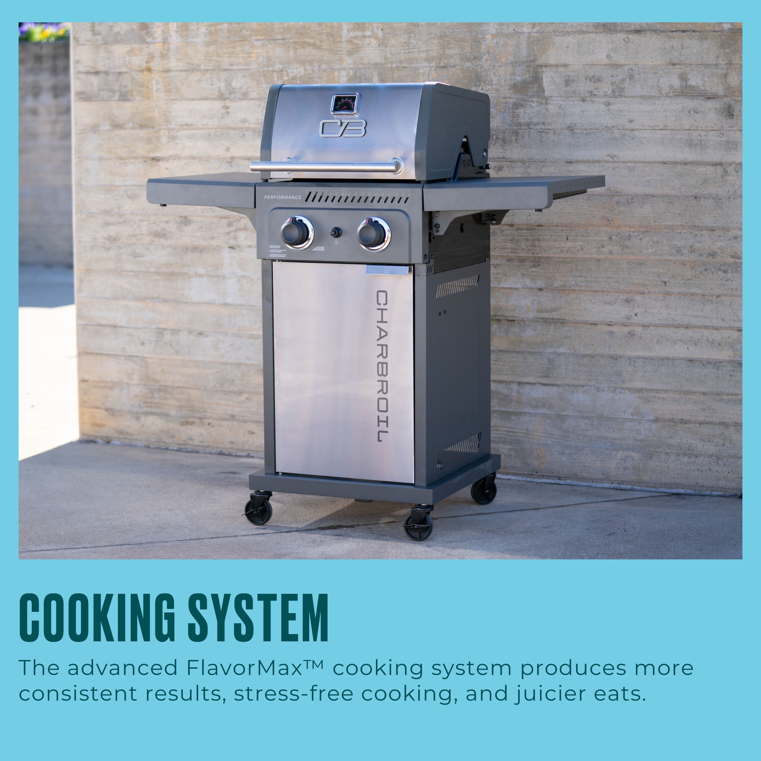 Charbroil Performance Series™ FlavorMax™ 2 Burner Gas Grill Cabinet with Foldable Side Shelves, Stainless Steel