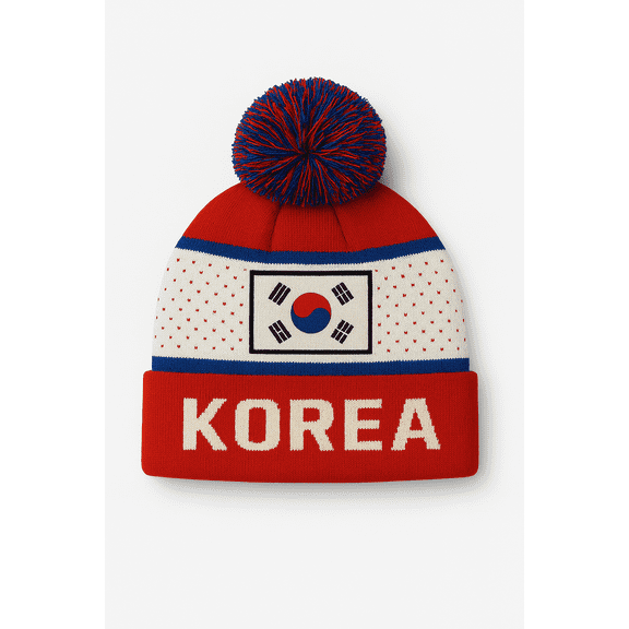 Korea Beanie, Cuffed Knit Winter Hat, Red/Blue/White