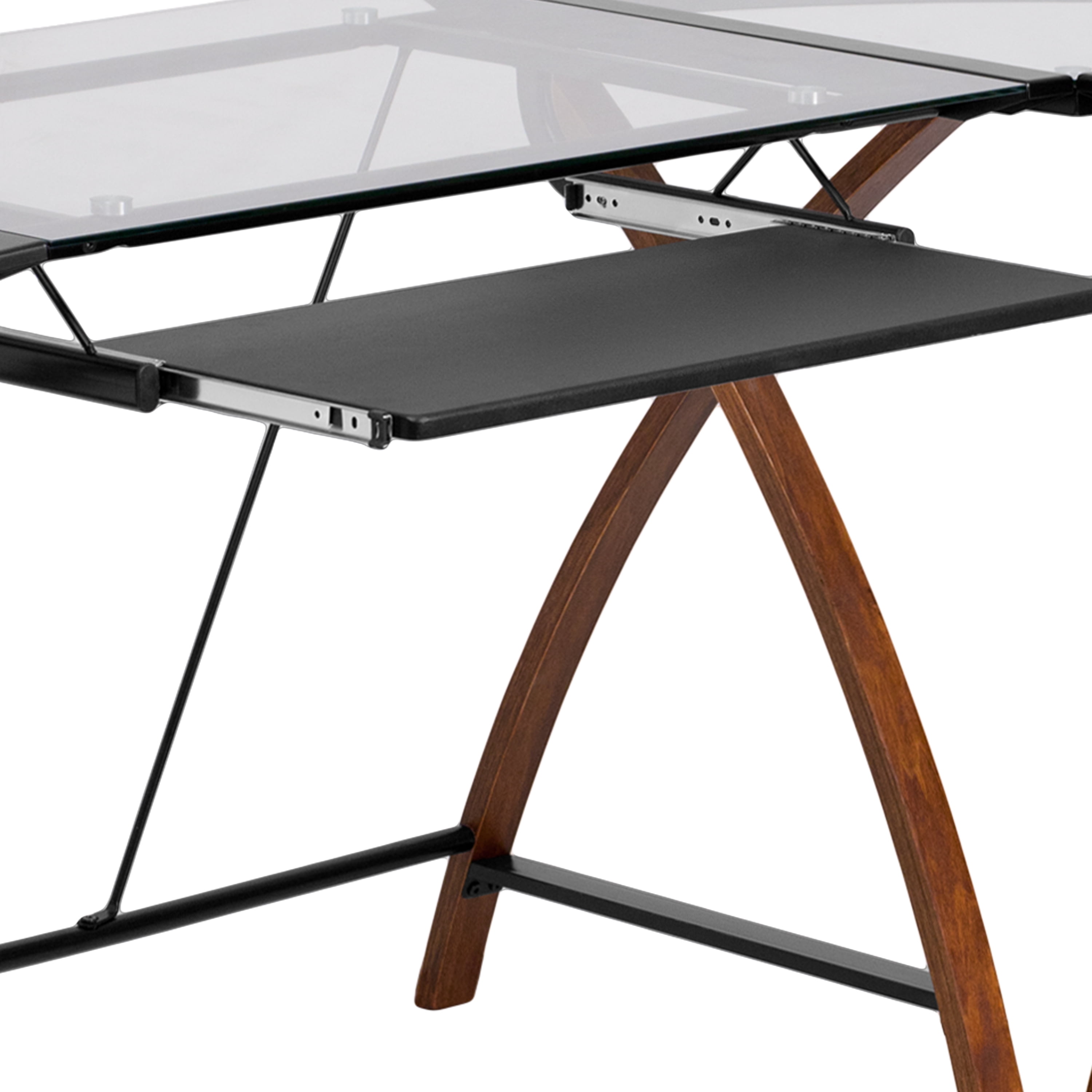 EMMA + OLIVER L-Shape Glass Desk with Pull-Out Keyboard Tray, Clear Cherry