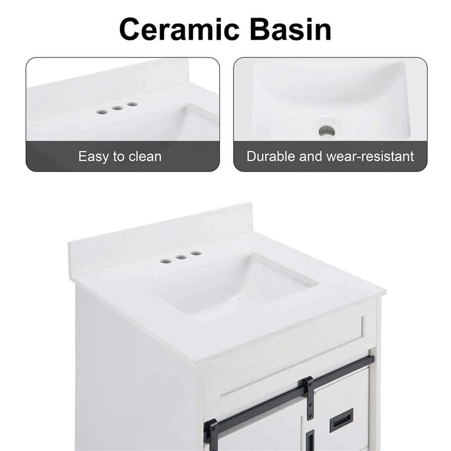 Demi Bonn 24" Freestanding Bathroom Vanity with Single Sink Combo, Farmhouse Undermount Bathroom Vanities Cabinet with Sliding Barn Doors and 2 Drawers, White