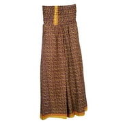 Mogul Womens Long Skirts Brown Smocked Waist Vintage Silk Sari Divided Maxi Skirts