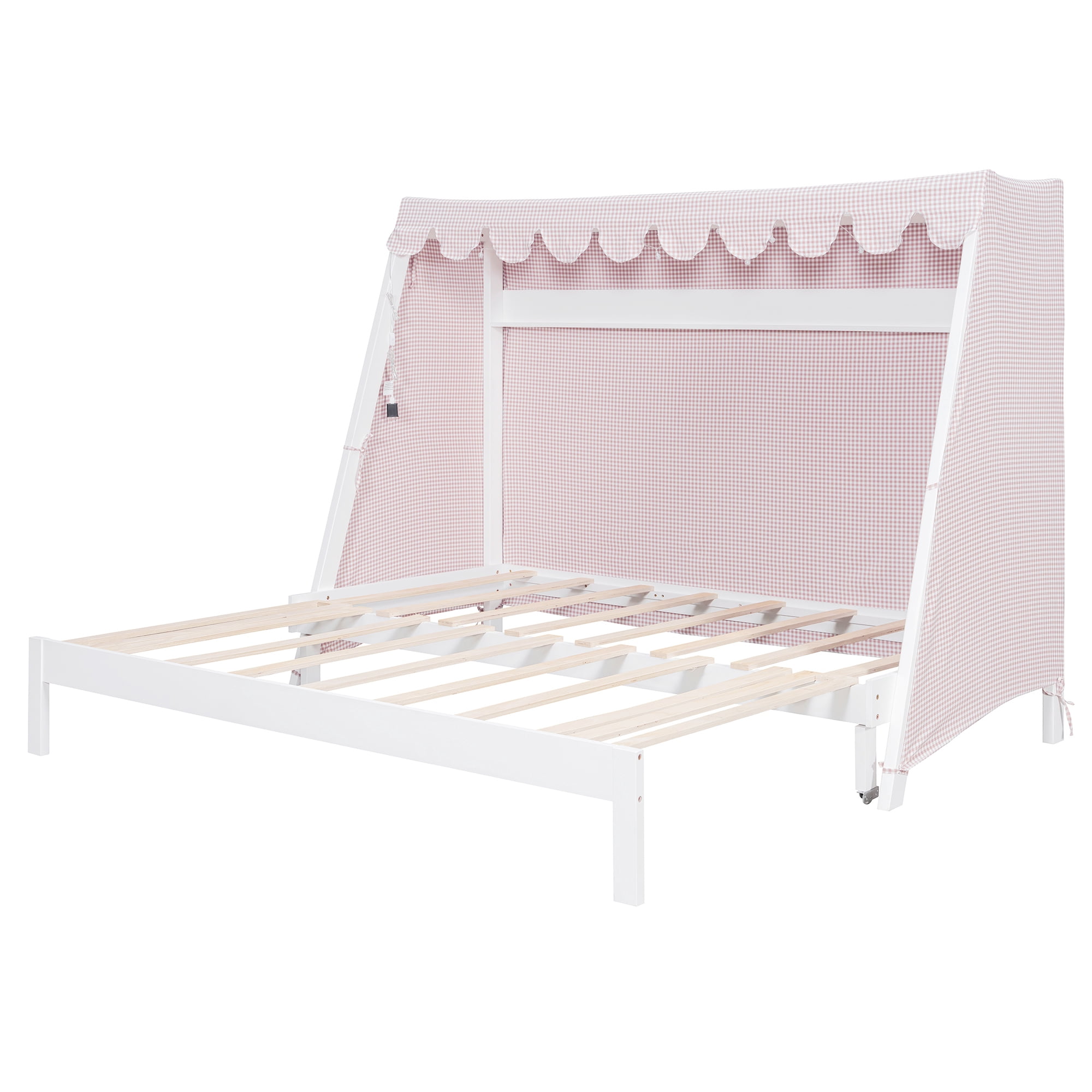 Mintazer Twin XL Platform Bed with LED Light, Trundle, Storage Shelf & Tent for Kids, White