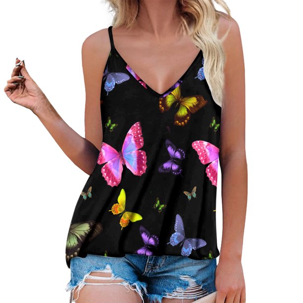 Gibobby Top informal de verano para mujer, camiseta con cuello en V, blusas elegantes con estampado Sexy, camisola con tirantes finos(Rosa,CH)
