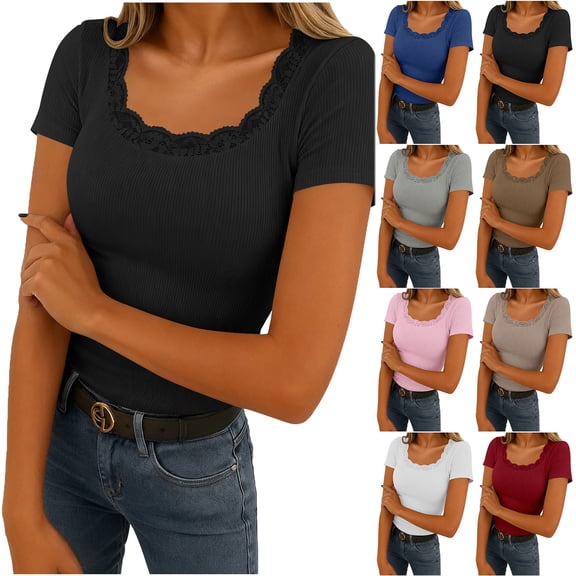 Otntypg Women's Short Sleeve Tops Trendy Scoop Neck Lace Trim Ribbed Fitted Tight Shirts Casual Basic Y2K Athletic Tee Spring Clothes Wine XXL