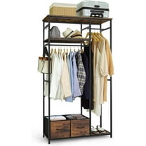 CAPHAUS 550lbs Capacity Garment Rack for Hanging Clothes, Heavy Duty Metal Open Wardrobe w/Hanging Rods & Drawers, Free Standing Closet Organizer, Metal Closet w/Wooden Boards, Rustic Oak Board