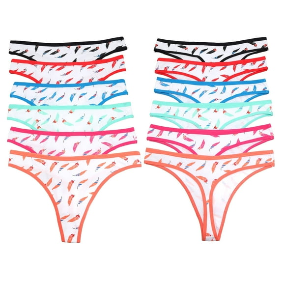 Angelina Women's Cotton Thong Panties with Feather Print Design (12-Pack)