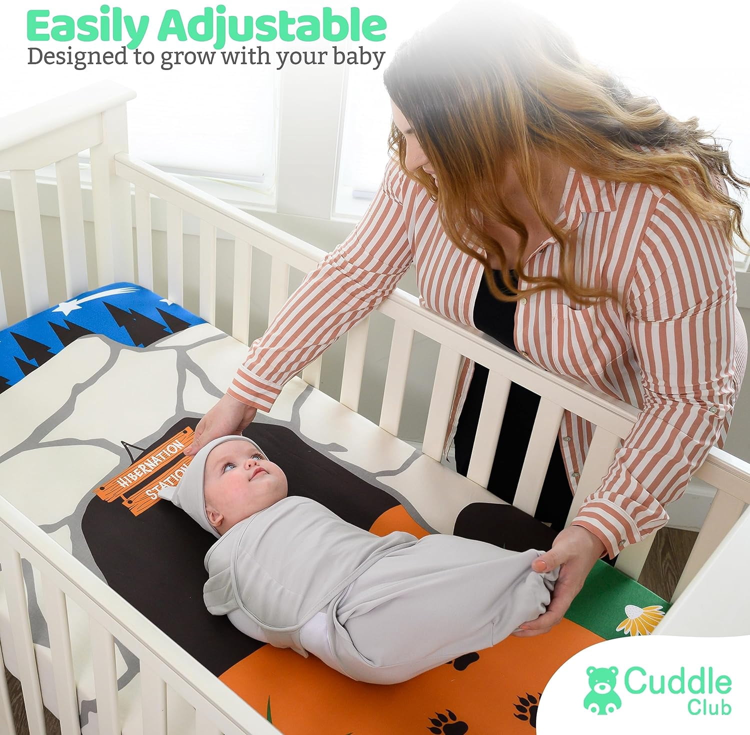 Cuddle Club Baby Wrap Swaddle Blanket Sleep Sack Bundle with Novelty Beanie Hat, Bear Large