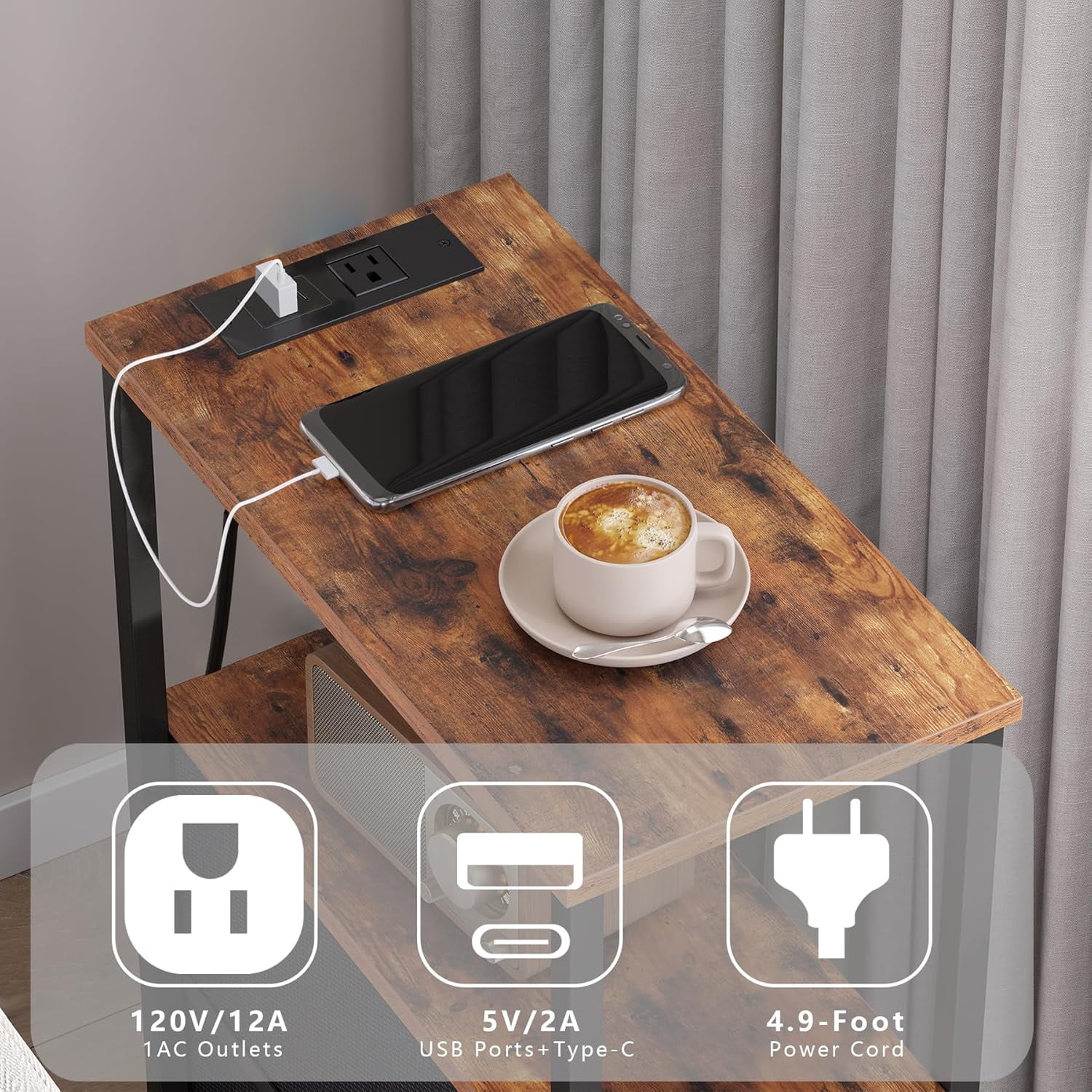 Small Narrow End Table with Charging Station, Set of 2, Side Table with Outlets, Nightstand with 2 Cloth Drawers, Couch Table, for Living Room, Bedroom, Bedside, Brown and Black