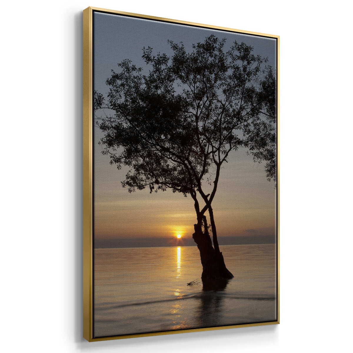 Sunset Silhouette Framed Premium Gallery Wrapped Canvas - Ready to Hang - 25 x 37 - Gold Floating Frame